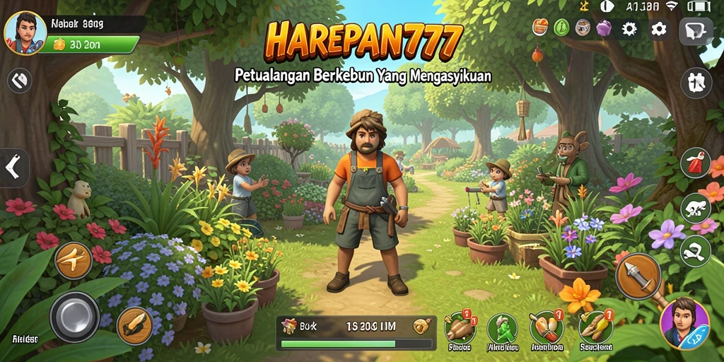 Tampilan gameplay HARAPAN777 dengan kebun yang indah dan tanaman beragam.