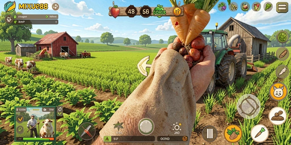 Tampilan screenshot gameplay MIXUE88 dengan kebun yang indah dan hewan ternak.