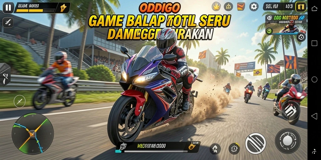 Screenshot ODDIGO menampilkan aksi balapan motor yang mendebarkan.