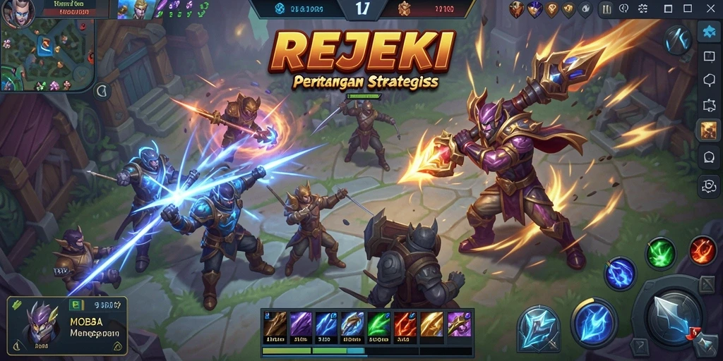 Tampilan gameplay intensif dari REJEKI dalam pertempuran MOBA.