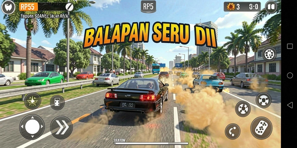Screenshot gameplay RP55 menampilkan balapan intens di trek yang kompetitif.